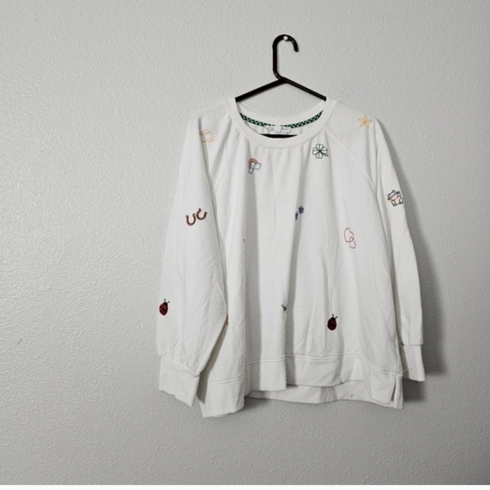 White Embroidered Sweatshirt with Tiny Motifs Sz 1X